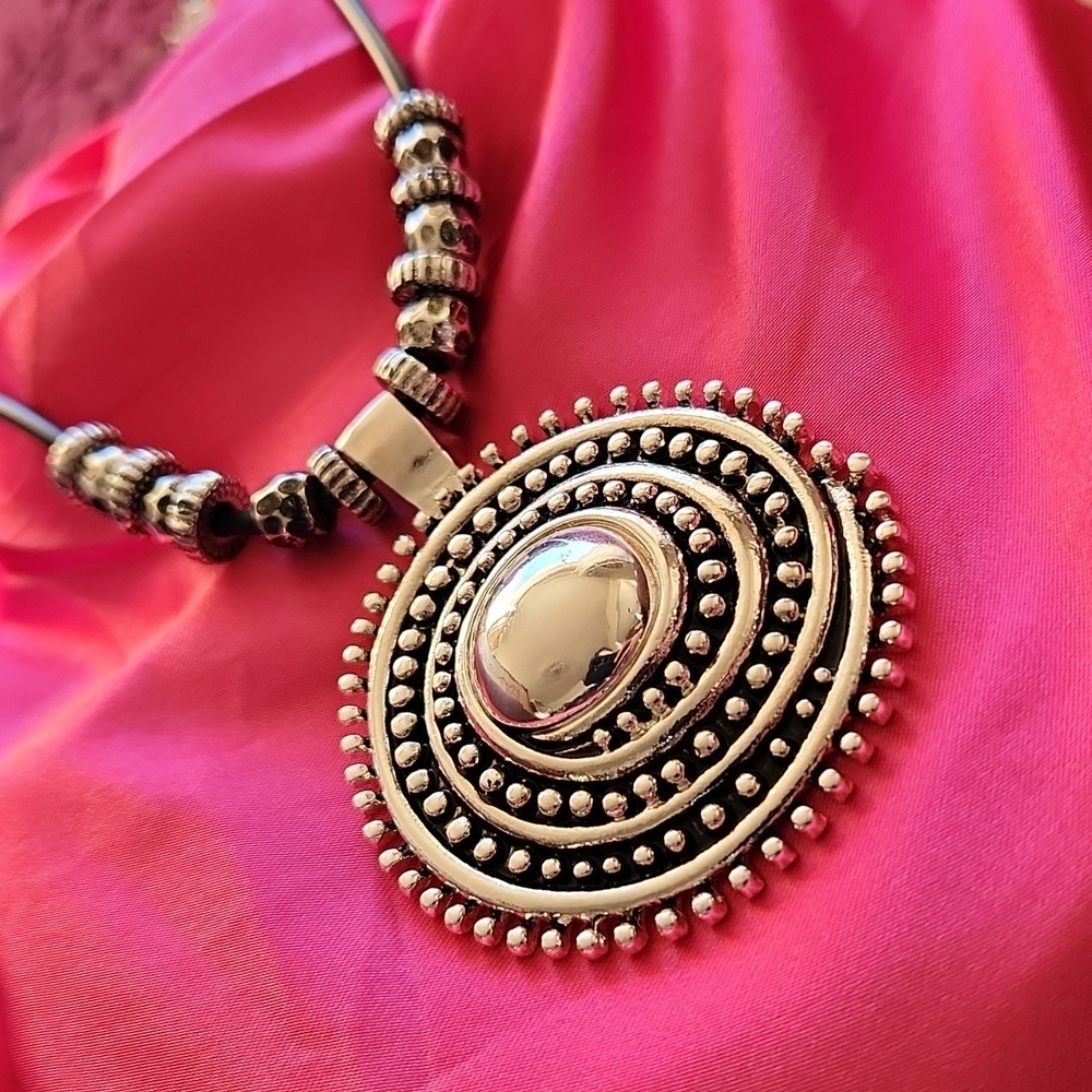 Traditional Beautiful Oxidized Silver Leather  Strap Necklace - Picture 2 of 13